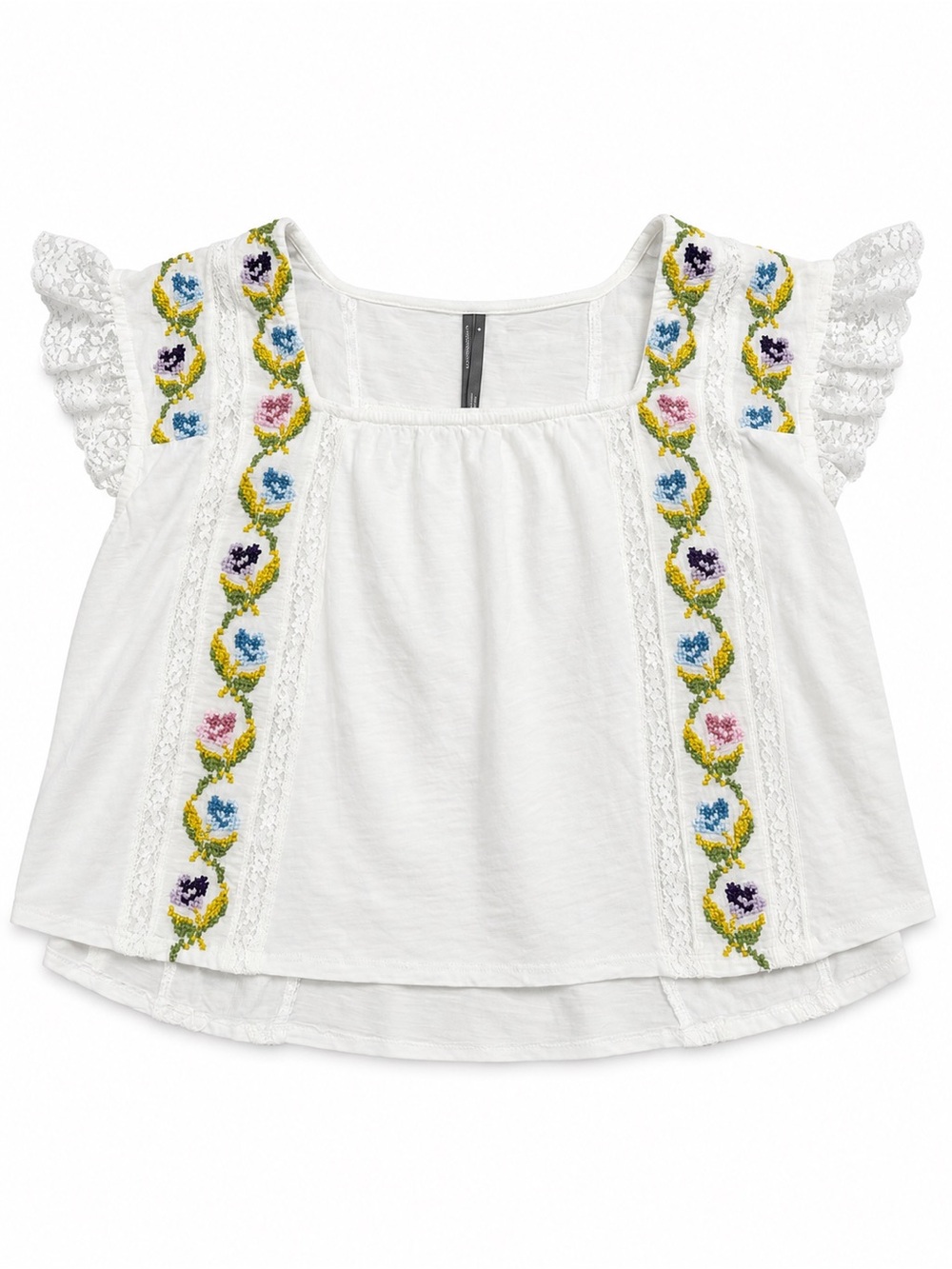 Anthropologie White Embroidered Floral Lace Ruffle Sleeve Blouse Top Size M